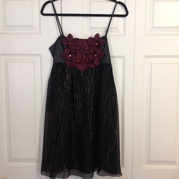 BURLAPP Size 4 Black Gold Maroon Silk Mini Dress Sleeveless Lined Floral Stretch - Picture 1 of 10
